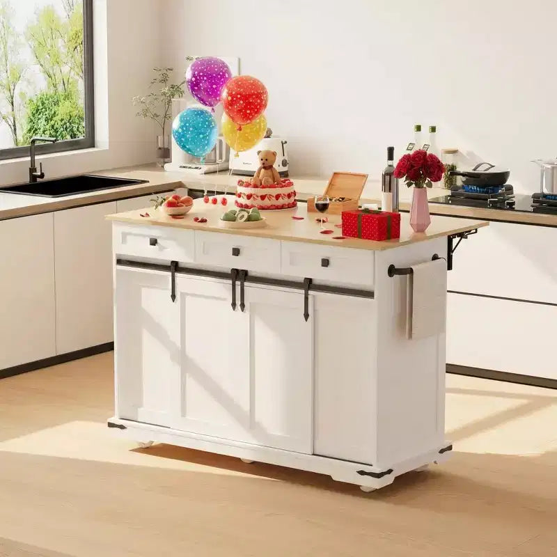Grand îlot de cuisine roulant, Desserte de cuisine mobile sur roulettes avec abattant, Rangement pour poubelle, Étagère à épices, Table îlot de cuisine pour salle à manger