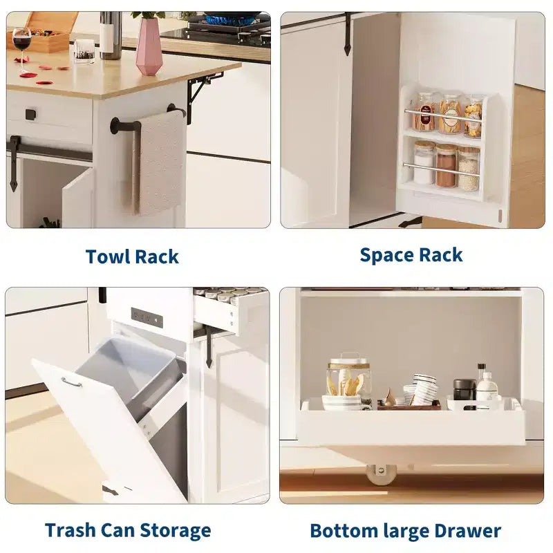 Grand îlot de cuisine roulant, Desserte de cuisine mobile sur roulettes avec abattant, Rangement pour poubelle, Étagère à épices, Table îlot de cuisine pour salle à manger