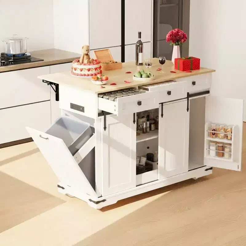 Grand îlot de cuisine roulant, Desserte de cuisine mobile sur roulettes avec abattant, Rangement pour poubelle, Étagère à épices, Table îlot de cuisine pour salle à manger