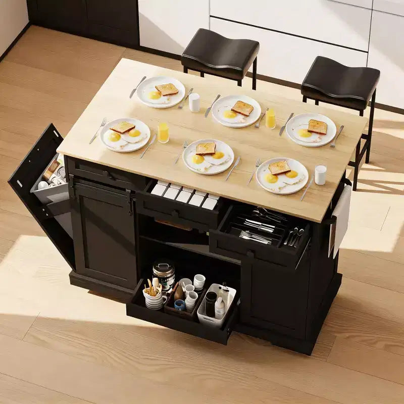 Grand îlot de cuisine roulant, Desserte de cuisine mobile sur roulettes avec abattant, Rangement pour poubelle, Étagère à épices, Table îlot de cuisine pour salle à manger