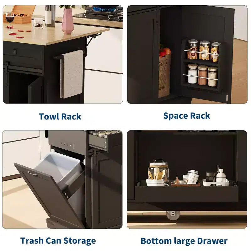 Grand îlot de cuisine roulant, Desserte de cuisine mobile sur roulettes avec abattant, Rangement pour poubelle, Étagère à épices, Table îlot de cuisine pour salle à manger