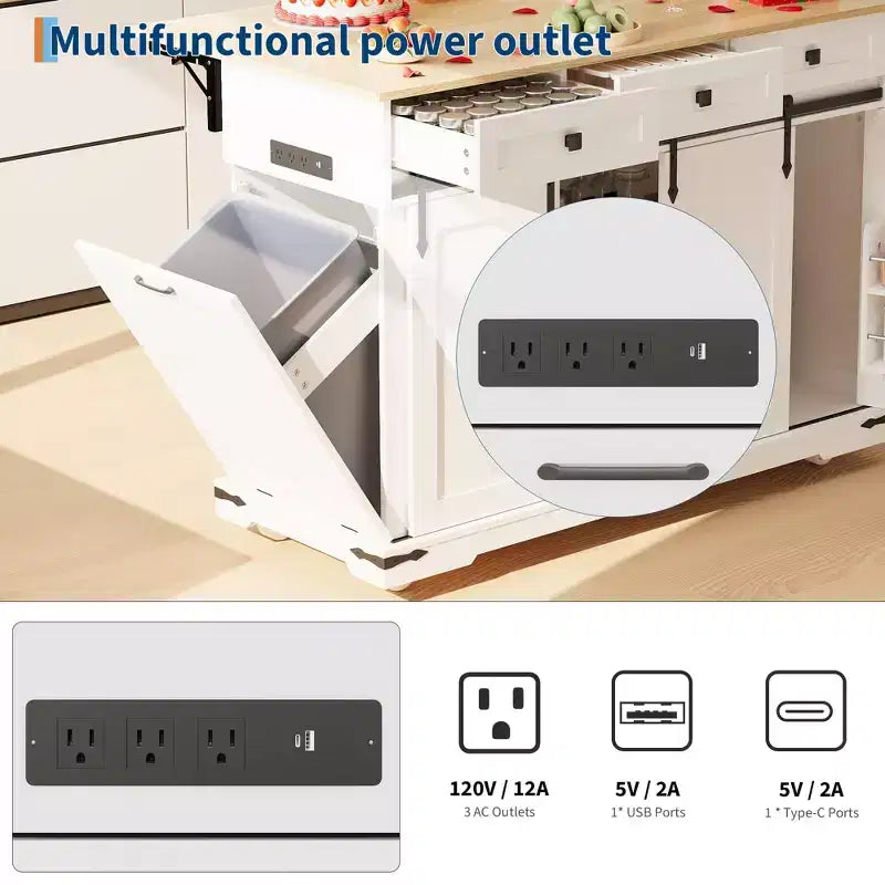 Grand îlot de cuisine roulant, Desserte de cuisine mobile sur roulettes avec abattant, Rangement pour poubelle, Étagère à épices, Table îlot de cuisine pour salle à manger