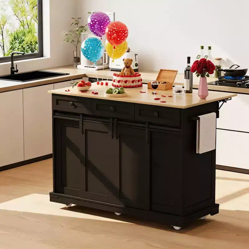 Grand îlot de cuisine roulant, Desserte de cuisine mobile sur roulettes avec abattant, Rangement pour poubelle, Étagère à épices, Table îlot de cuisine pour salle à manger
