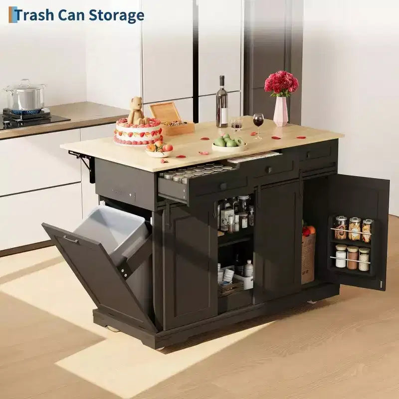 Grand îlot de cuisine roulant, Desserte de cuisine mobile sur roulettes avec abattant, Rangement pour poubelle, Étagère à épices, Table îlot de cuisine pour salle à manger