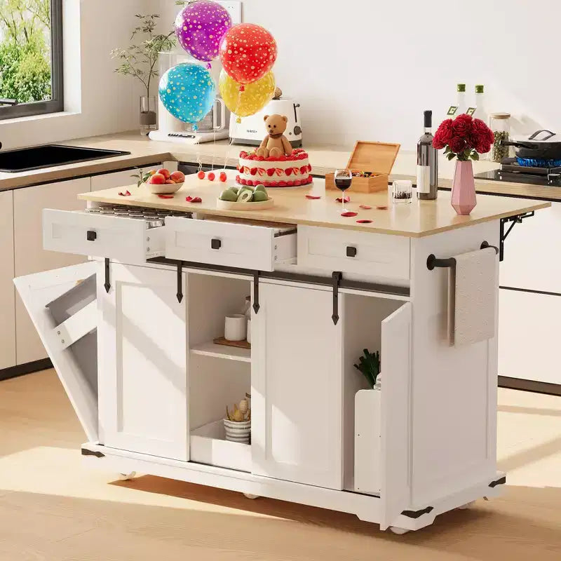 Grand îlot de cuisine roulant, Desserte de cuisine mobile sur roulettes avec abattant, Rangement pour poubelle, Étagère à épices, Table îlot de cuisine pour salle à manger