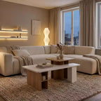 Table basse moderne FurnitureR à 2 niveaux avec surface de travail surélevée, table de salon blanche et finition chêne avec rangement ouvert