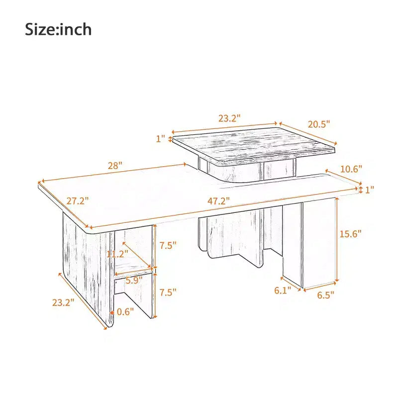 Table basse moderne FurnitureR à 2 niveaux avec surface de travail surélevée, table de salon blanche et finition chêne avec rangement ouvert
