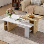 Table basse moderne FurnitureR à 2 niveaux avec surface de travail surélevée, table de salon blanche et finition chêne avec rangement ouvert