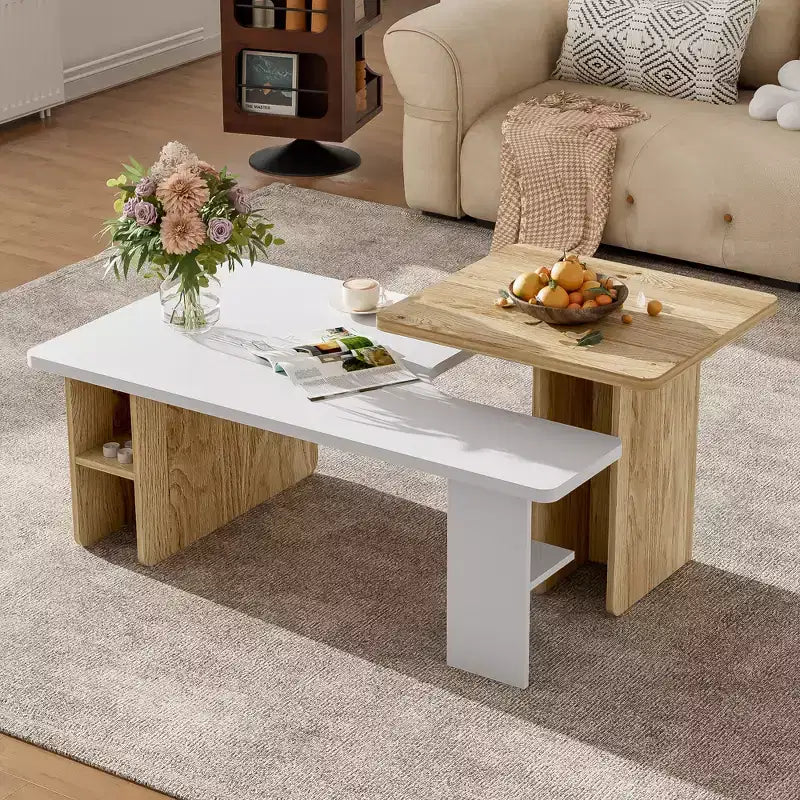 Table basse moderne FurnitureR à 2 niveaux avec surface de travail surélevée, table de salon blanche et finition chêne avec rangement ouvert