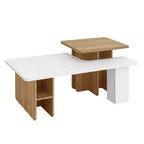 Table basse moderne FurnitureR à 2 niveaux avec surface de travail surélevée, table de salon blanche et finition chêne avec rangement ouvert