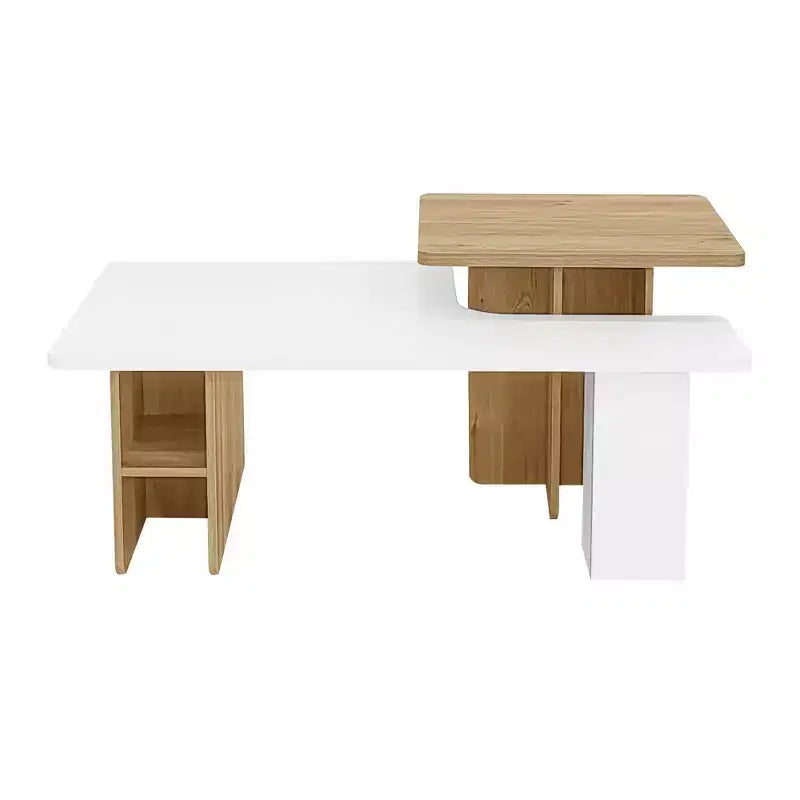 Table basse moderne FurnitureR à 2 niveaux avec surface de travail surélevée, table de salon blanche et finition chêne avec rangement ouvert