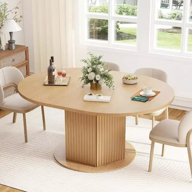 MooxvMoo 47.24-62.99 Oval Expandable Dining Table, Distinctive Knurled Base w/ Smooth Metal Slide Track for Kitchen, Living Room, Light Brown
