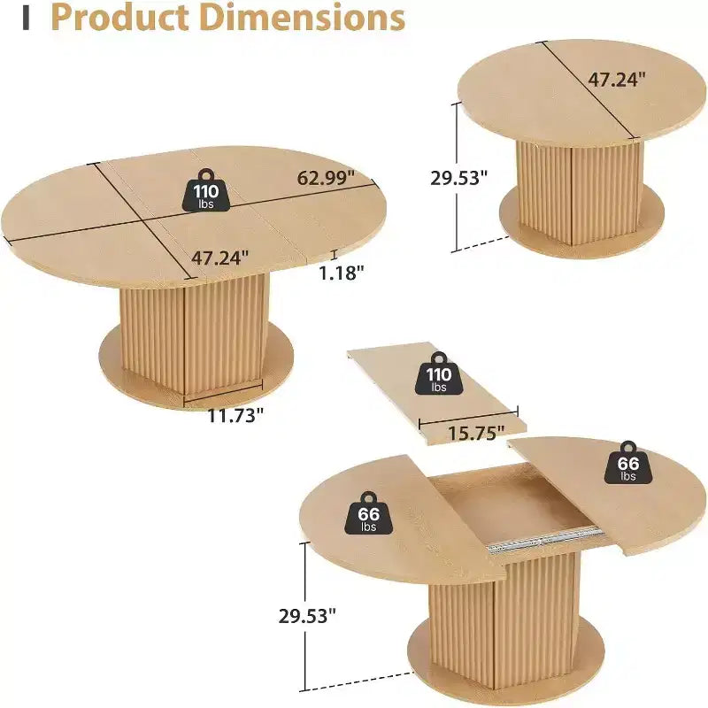 Table à manger ovale extensible MooxvMoo 47.24-62.99, base moletée distinctive avec rail coulissant en métal lisse pour cuisine, salon, marron clair