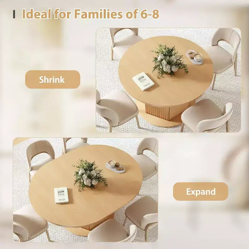 Table à manger ovale extensible MooxvMoo 47.24-62.99, base moletée distinctive avec rail coulissant en métal lisse pour cuisine, salon, marron clair