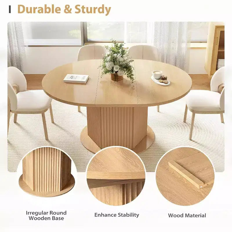 Table à manger ovale extensible MooxvMoo 47.24-62.99, base moletée distinctive avec rail coulissant en métal lisse pour cuisine, salon, marron clair