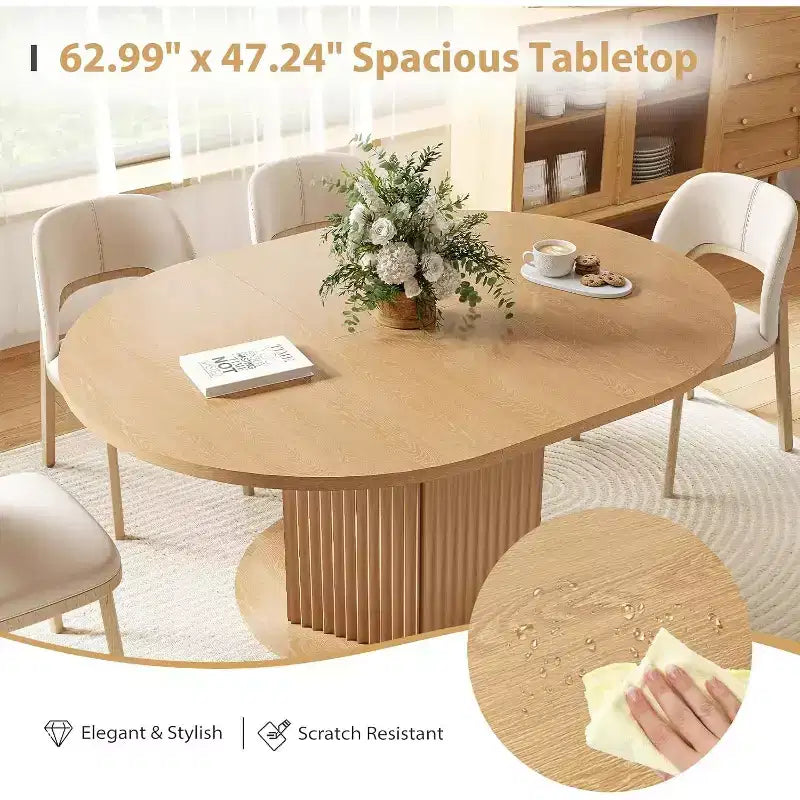 Table à manger ovale extensible MooxvMoo 47.24-62.99, base moletée distinctive avec rail coulissant en métal lisse pour cuisine, salon, marron clair