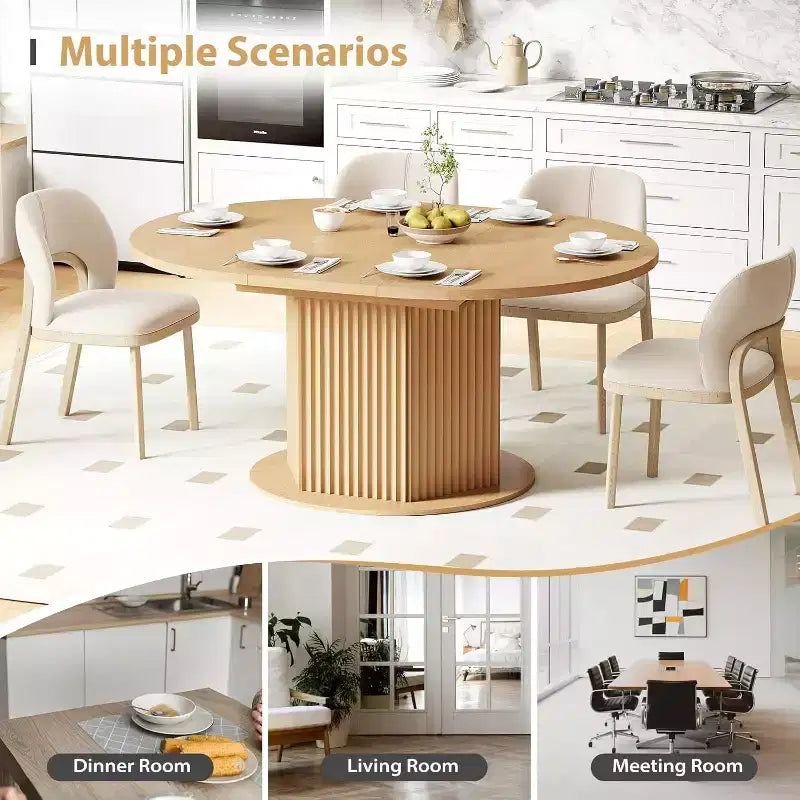 Table à manger ovale extensible MooxvMoo 47.24-62.99, base moletée distinctive avec rail coulissant en métal lisse pour cuisine, salon, marron clair