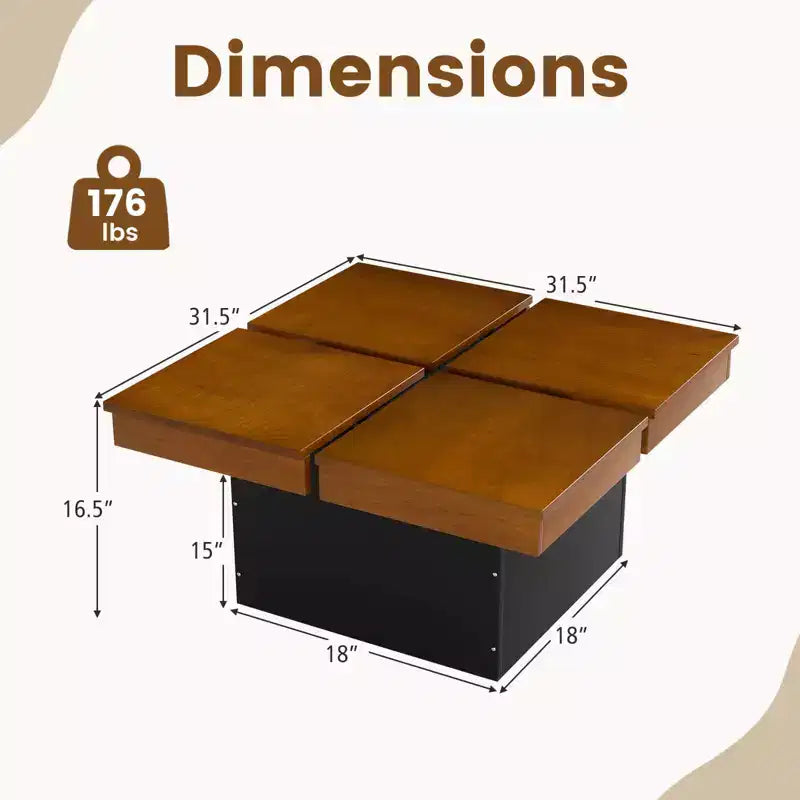 Table basse carrée Costway avec plateau fendu en placage de bois massif et base encastrée pour appartement