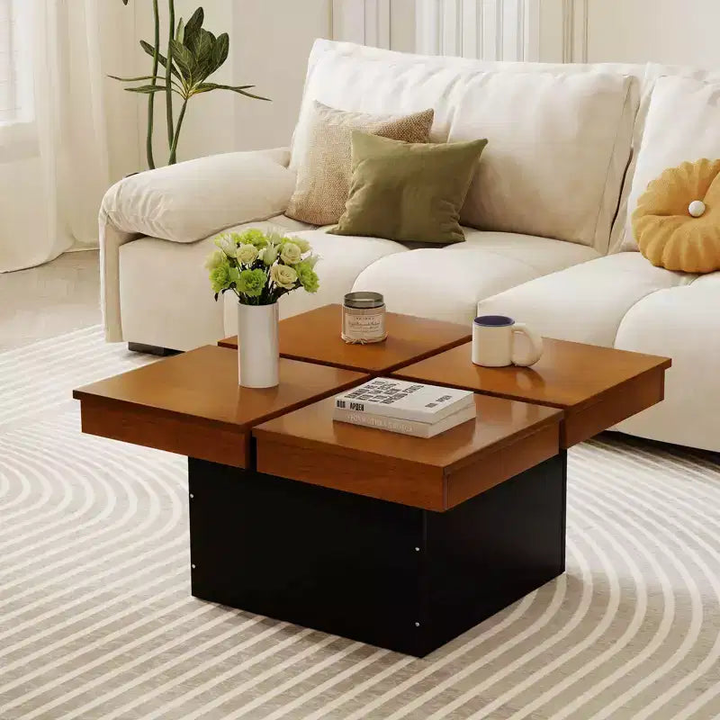 Table basse carrée Costway avec plateau fendu en placage de bois massif et base encastrée pour appartement