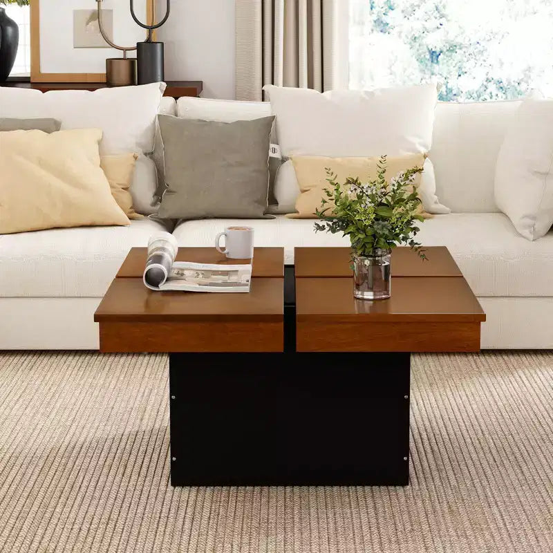 Table basse carrée Costway avec plateau fendu en placage de bois massif et base encastrée pour appartement