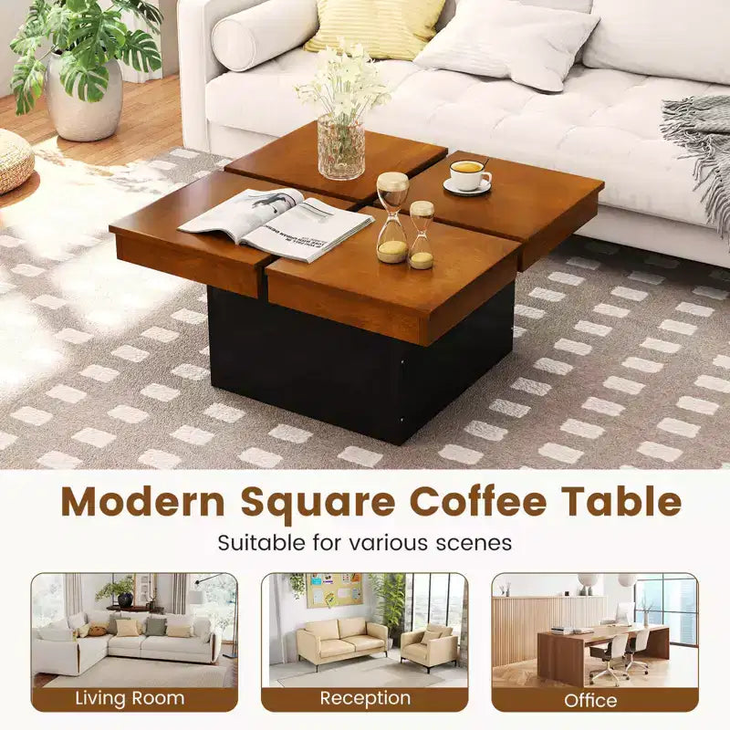 Table basse carrée Costway avec plateau fendu en placage de bois massif et base encastrée pour appartement