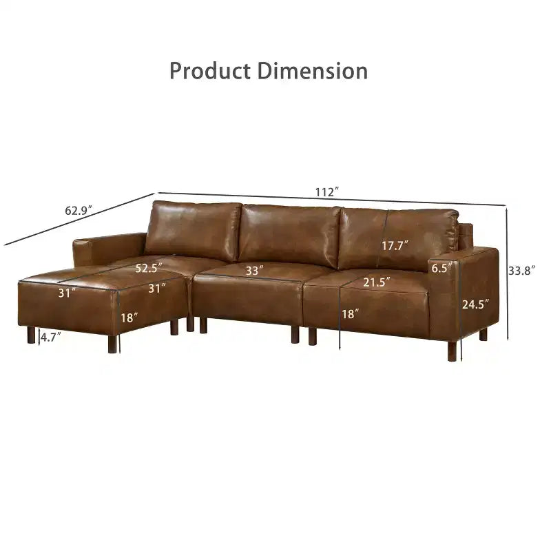 GDFStudio Arvin 112, canapé d'angle moderne 3 places en similicuir avec ottoman