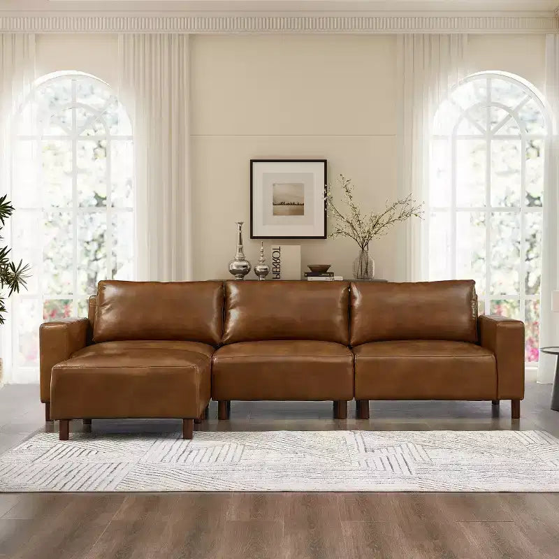 GDFStudio Arvin 112, canapé d'angle moderne 3 places en similicuir avec ottoman
