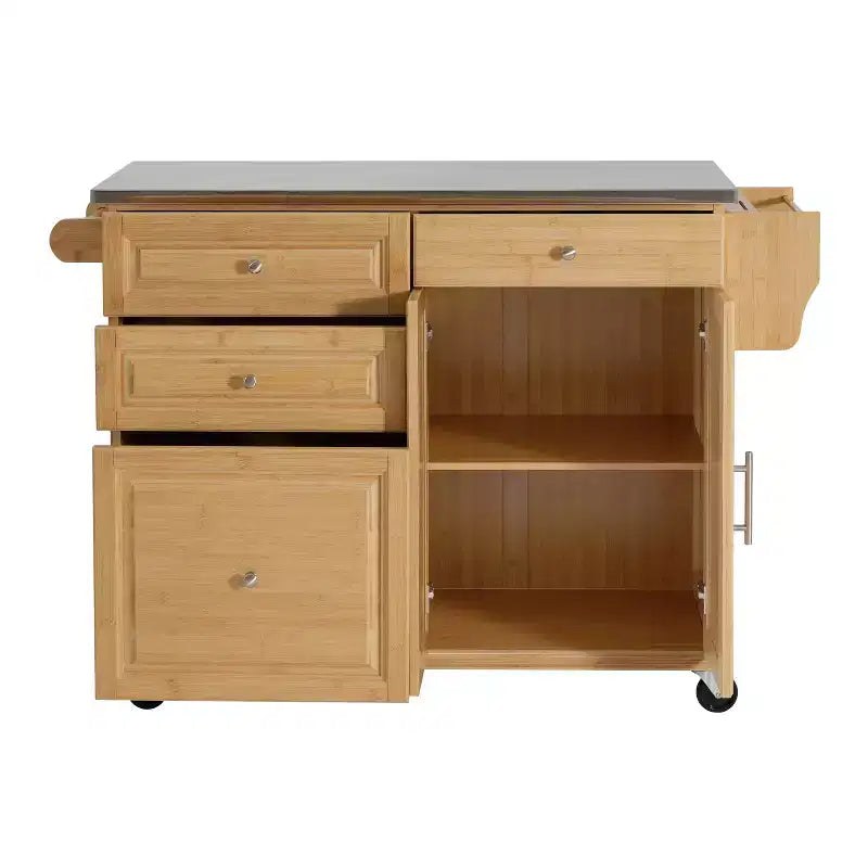 Christopher Knight Home Chariot de cuisine roulant Nives en bambou avec plateau en acier inoxydable, 4 tiroirs et 2 portes