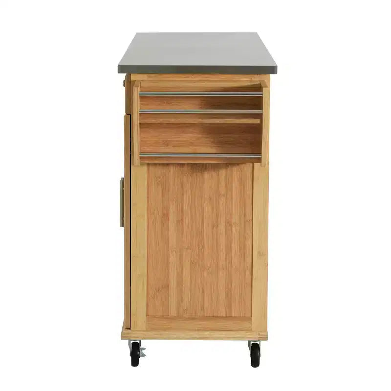 Christopher Knight Home Chariot de cuisine roulant Nives en bambou avec plateau en acier inoxydable, 4 tiroirs et 2 portes