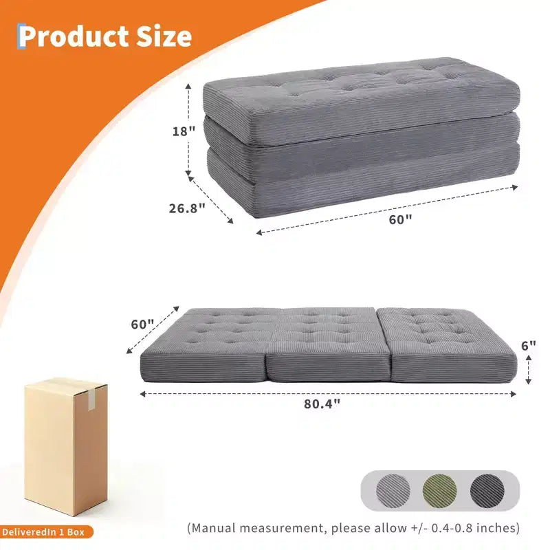 Matelas pliant en mousse 80,4x60, 6 plis, avec velours côtelé capitonné, lit d'appoint portable pour la maison, le salon et le camping