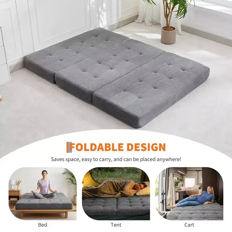 Matelas pliant en mousse 80,4x60, 6 plis, avec velours côtelé capitonné, lit d'appoint portable pour la maison, le salon et le camping