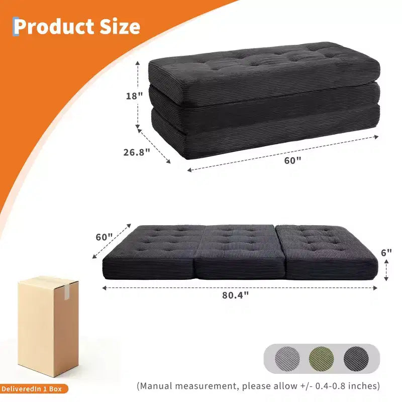 Matelas pliant en mousse 80,4x60, 6 plis, avec velours côtelé capitonné, lit d'appoint portable pour la maison, le salon et le camping