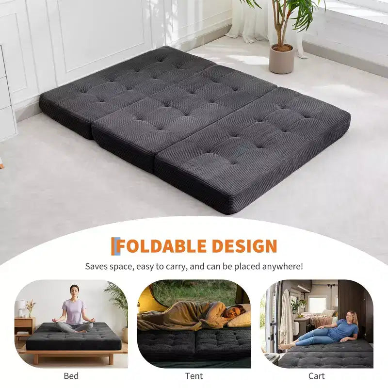 Matelas pliant en mousse 80,4x60, 6 plis, avec velours côtelé capitonné, lit d'appoint portable pour la maison, le salon et le camping