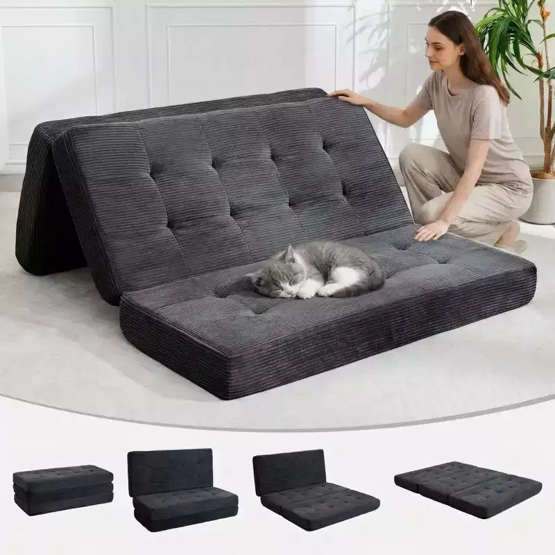 80.4x60 6 Tri-Foldable Foam Folding Mattress, Tufted Corduroy Floor Guest Bed, Portable Supportive for Home, Living Room & Camping