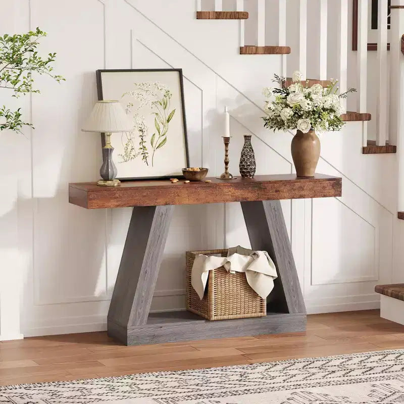 Table console industrielle à 2 niveaux de 140 cm avec étagères de rangement ouvertes, table d'entrée en bois style rustique en trapèze, meuble TV pour salon, couloir, porche