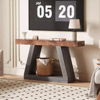 Table console industrielle à 2 niveaux de 140 cm avec étagères de rangement ouvertes, table d'entrée en bois style rustique en trapèze, meuble TV pour salon, couloir, porche