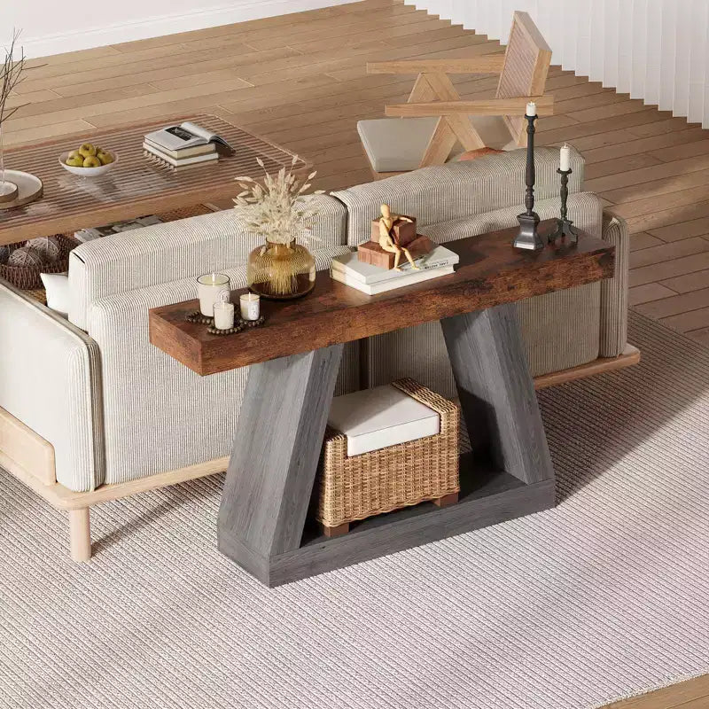 Table console industrielle à 2 niveaux de 140 cm avec étagères de rangement ouvertes, table d'entrée en bois style rustique en trapèze, meuble TV pour salon, couloir, porche