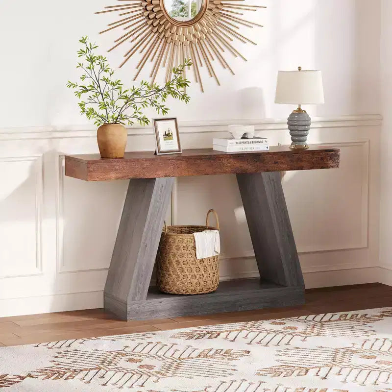 Table console industrielle à 2 niveaux de 140 cm avec étagères de rangement ouvertes, table d'entrée en bois style rustique en trapèze, meuble TV pour salon, couloir, porche