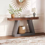 Table console industrielle à 2 niveaux de 140 cm avec étagères de rangement ouvertes, table d'entrée en bois style rustique en trapèze, meuble TV pour salon, couloir, porche