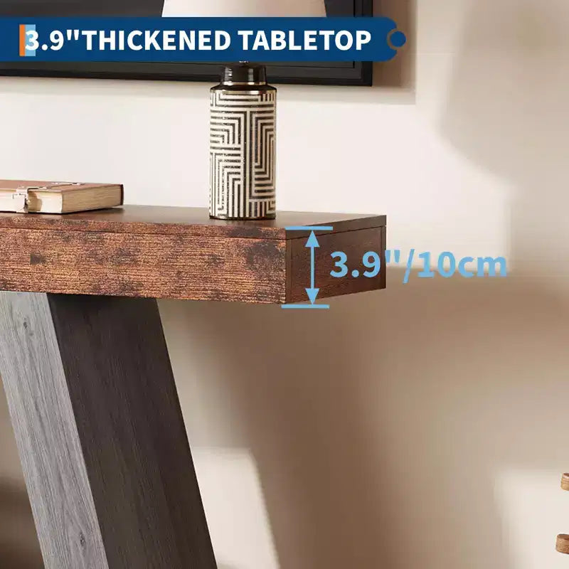 Table console industrielle à 2 niveaux de 140 cm avec étagères de rangement ouvertes, table d'entrée en bois style rustique en trapèze, meuble TV pour salon, couloir, porche