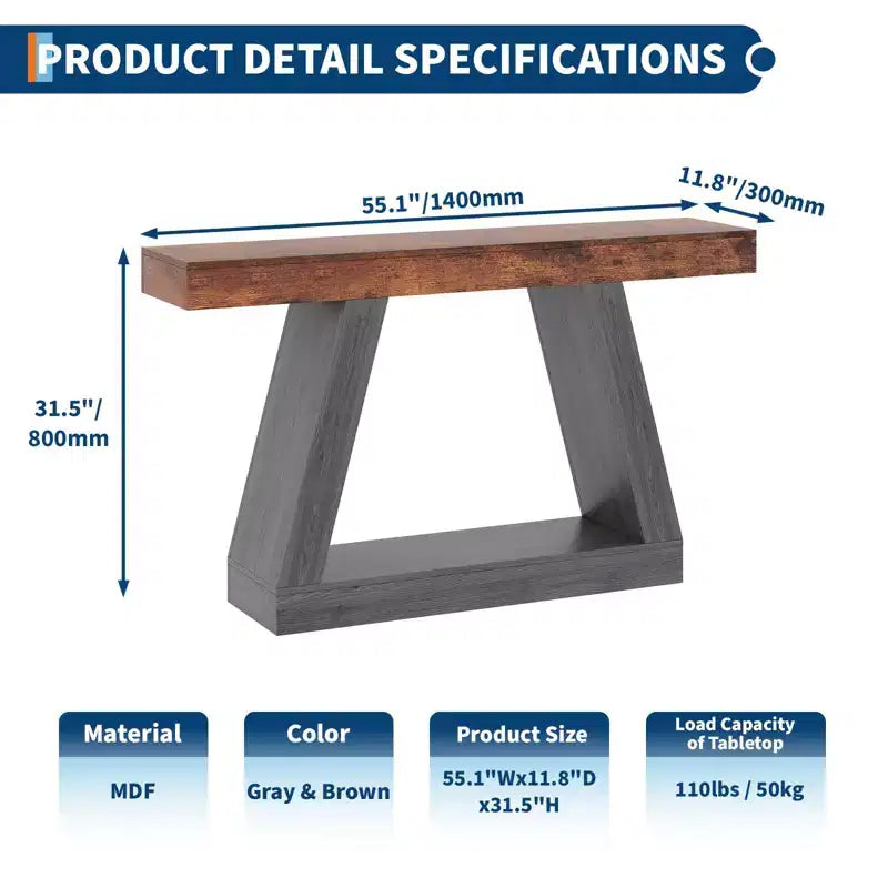 Table console industrielle à 2 niveaux de 140 cm avec étagères de rangement ouvertes, table d'entrée en bois style rustique en trapèze, meuble TV pour salon, couloir, porche
