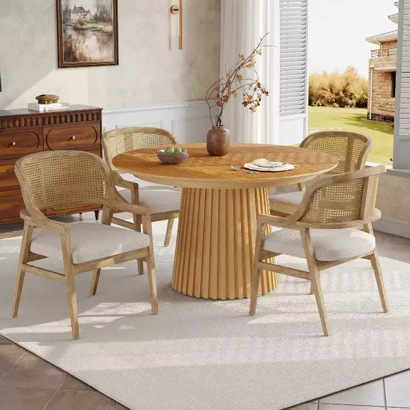 Ensemble de salle à manger extensible 5 pièces Christopher Knight Home Bennett Mid-Century Modern en bois avec table et 4 chaises rembourrées à dossier en rotin