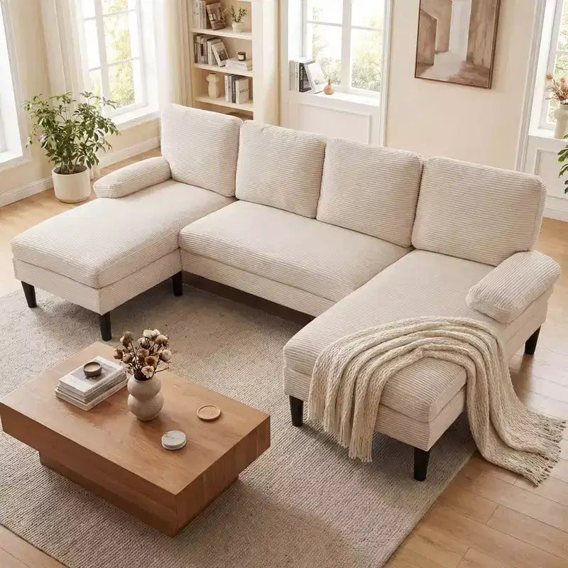 Canapé d'angle Costway, canapé en U avec double méridienne, accoudoirs rembourrés pour la maison Beige/Vert/Gris