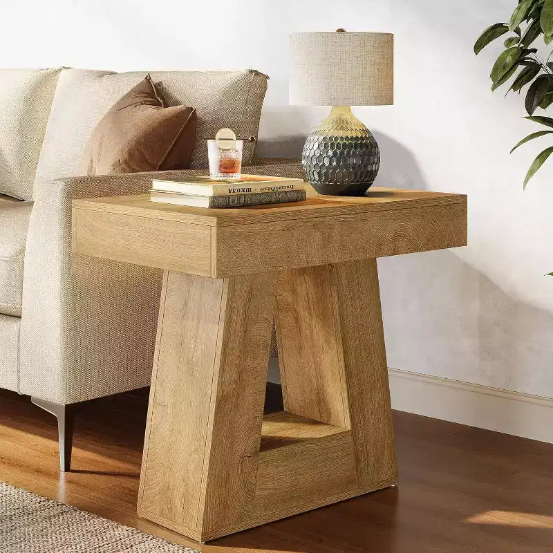 Lantine 24 Modern 2-Tier Narrow Wooden Side Table with Trapezoid Base, Farmhouse Small Nightstand for Living Room/Bedroom, Natural Wood Color