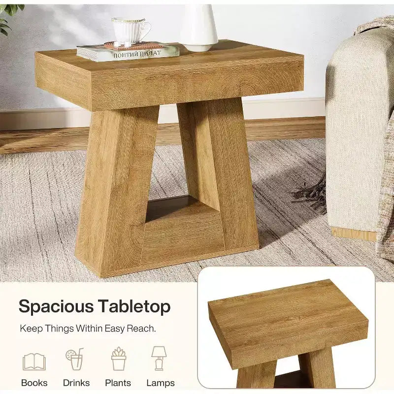 Lantine 24 - Table d'appoint étroite moderne à 2 niveaux en bois avec base trapézoïdale, petite table de chevet de style ferme pour salon/chambre, couleur bois naturel