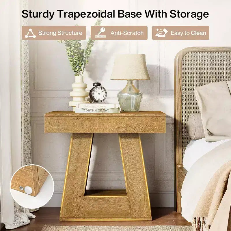 Lantine 24 - Table d'appoint étroite moderne à 2 niveaux en bois avec base trapézoïdale, petite table de chevet de style ferme pour salon/chambre, couleur bois naturel