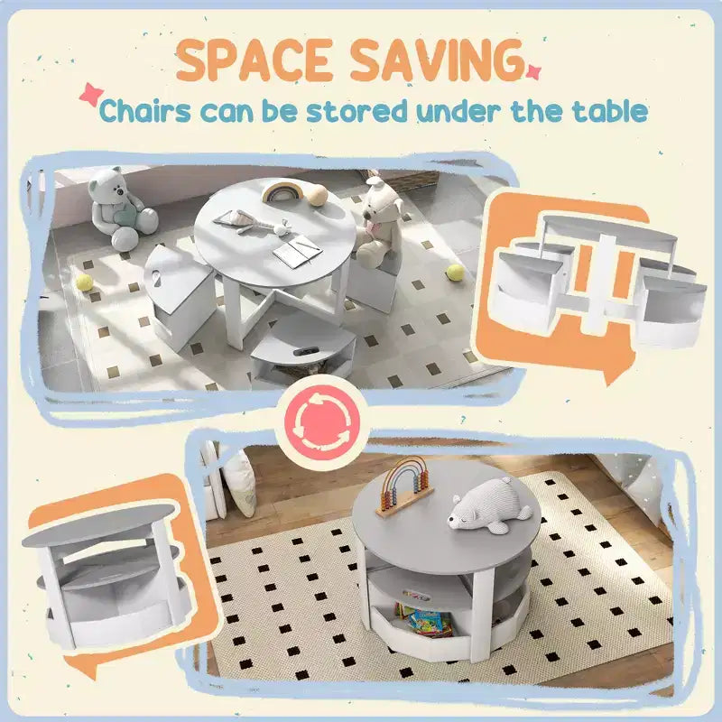 Ensemble table et chaises pour enfants Qaba, ensemble table et chaises pour tout-petits 5 pièces avec rangement pour l'art, l'artisanat, le dessin, la salle de jeux, la salle de classe, la crèche, gris