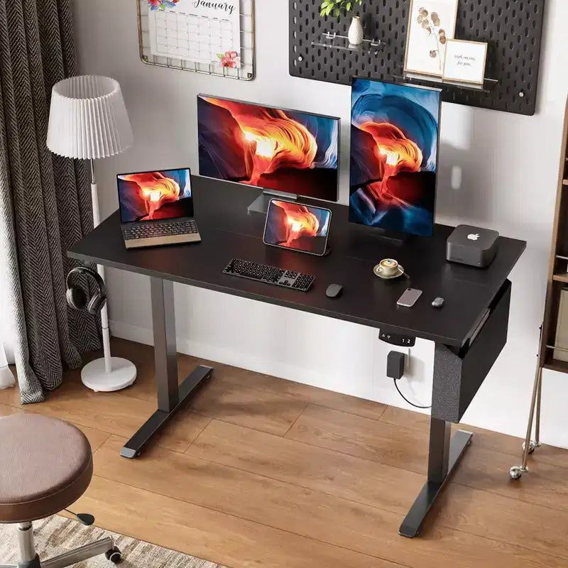 Bureau debout réglable en hauteur électrique, bureau d'ordinateur assis-debout avec sac de rangement, préréglages de mémoire, poste de travail ergonomique pour bureau à domicile, 122 cm, noir