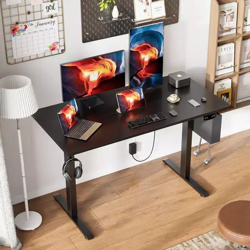 Bureau debout réglable en hauteur électrique, bureau d'ordinateur assis-debout avec sac de rangement, préréglages de mémoire, poste de travail ergonomique pour bureau à domicile, 122 cm, noir