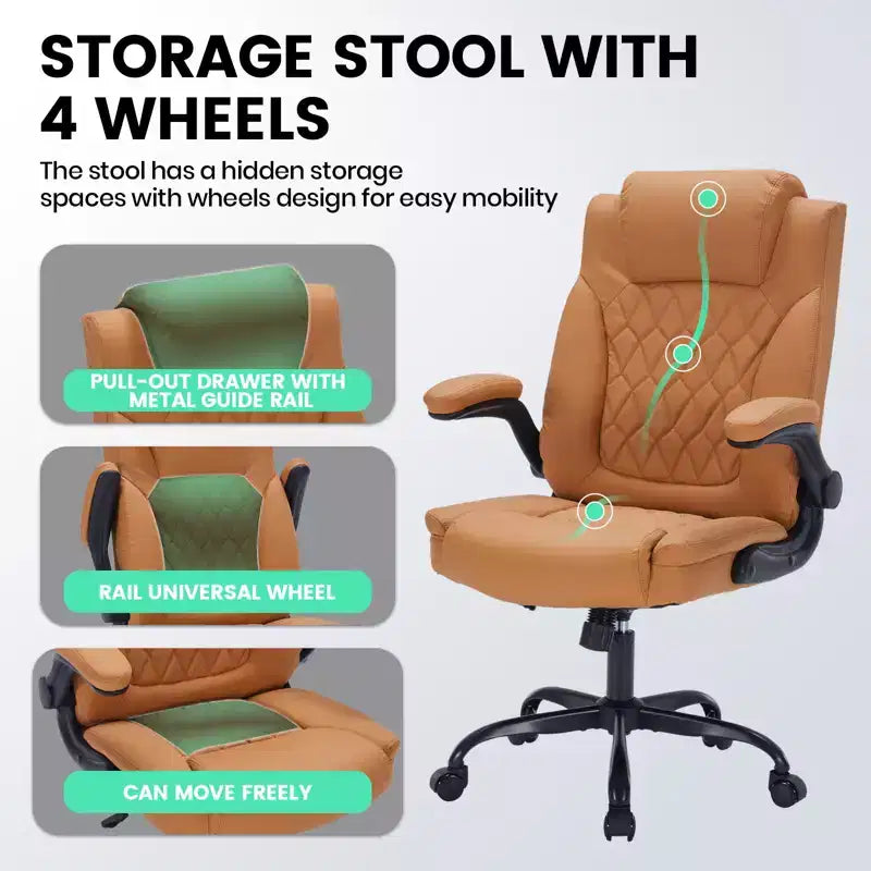 Chaise de bureau en cuir 350 LBS, chaise de bureau ergonomique à dossier haut, roulettes pivotantes à 360°, support lombaire, accoudoirs relevables, pour la maison, le bureau